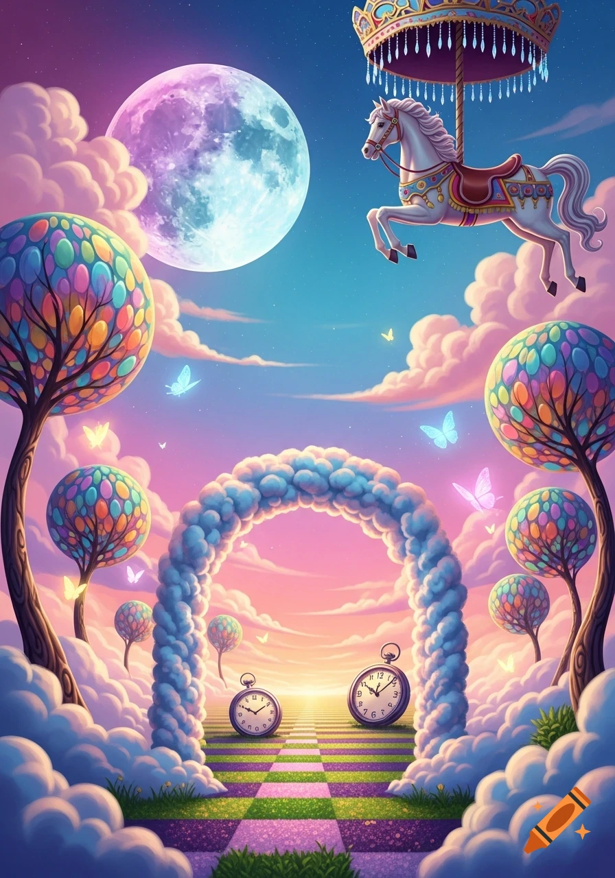 A whimsical dreamcore landscape with a carousel horse flying in a pastel sky, colorful trees, a full moon, and clocks on a checkered path.