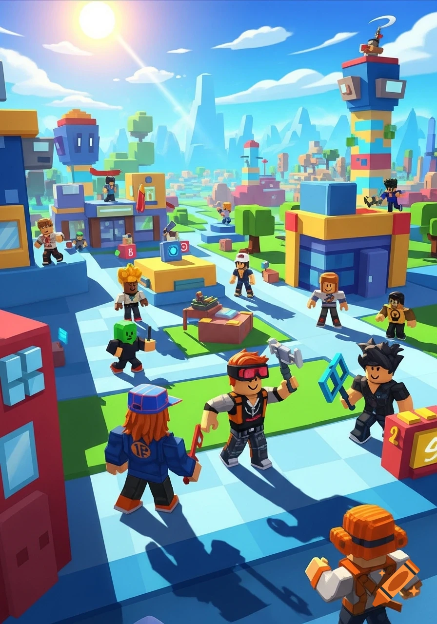 Vibrant 3D cartoon scene with blocky characters in a colorful, sunlit, block-based city, like Roblox.