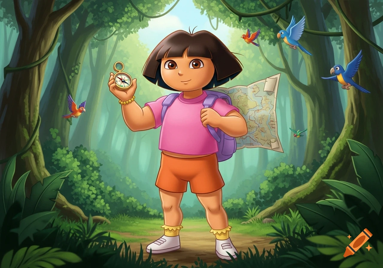 Cartoon illustration of Dora the Explorer in a jungle, holding a compass and wearing a backpack with a map. Birds fly around her.