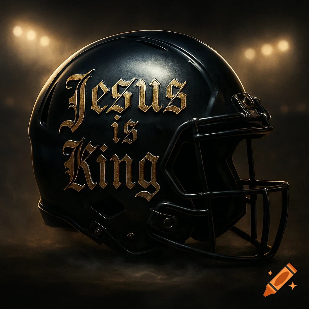 Photorealistic black football helmet with 'Jesus is King' in gold Old English text, against a dark background with stadium lights.
