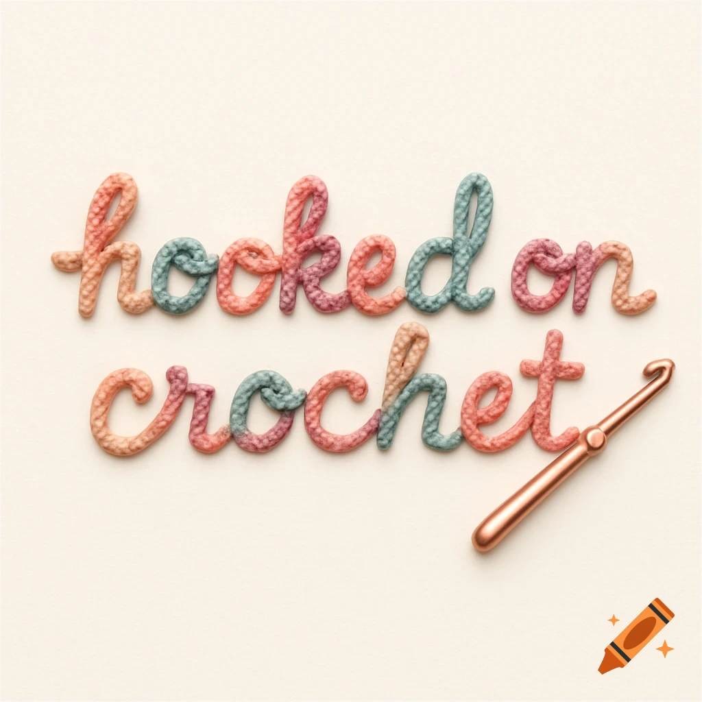 The words 'hooked on crochet' in colorful yarn-like script, with a copper crochet hook.