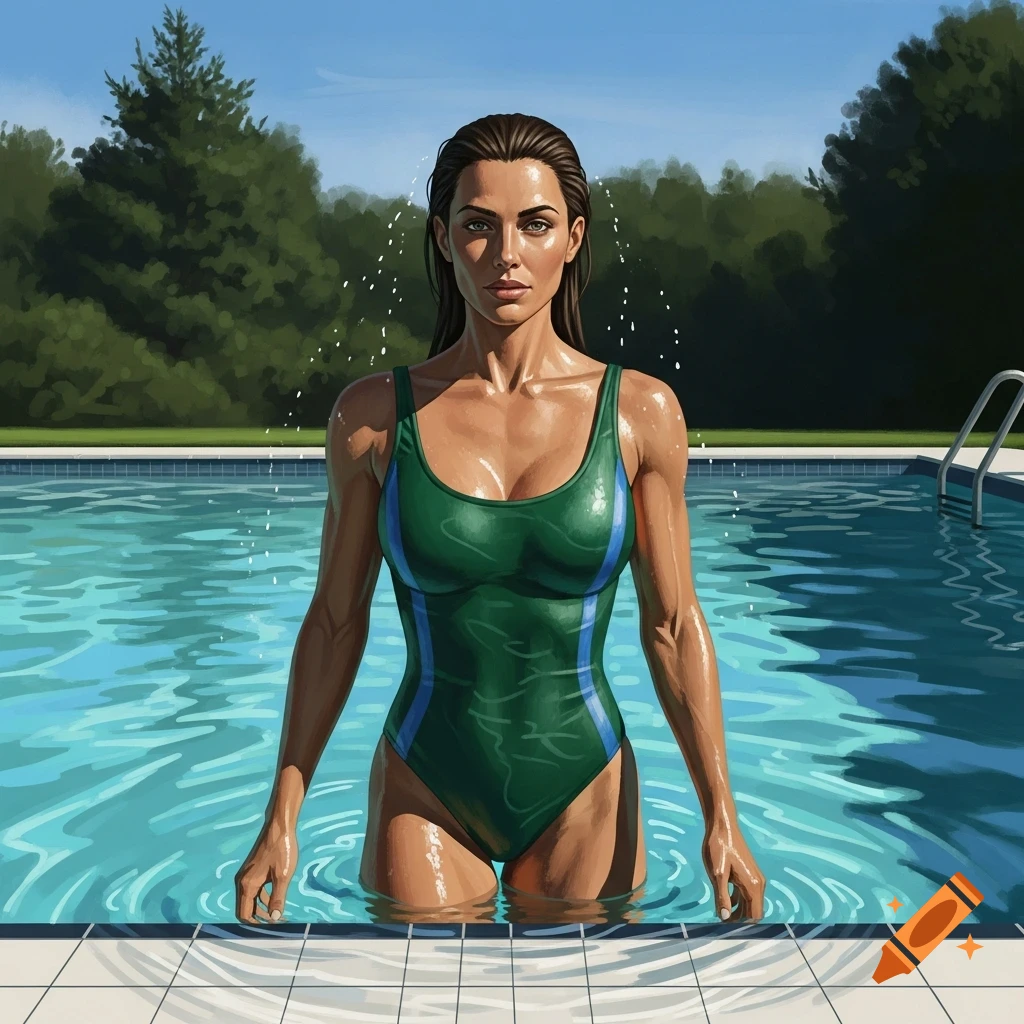 A woman with wet hair wearing a green one-piece swimsuit with blue accents emerges from a swimming pool on a sunny day.