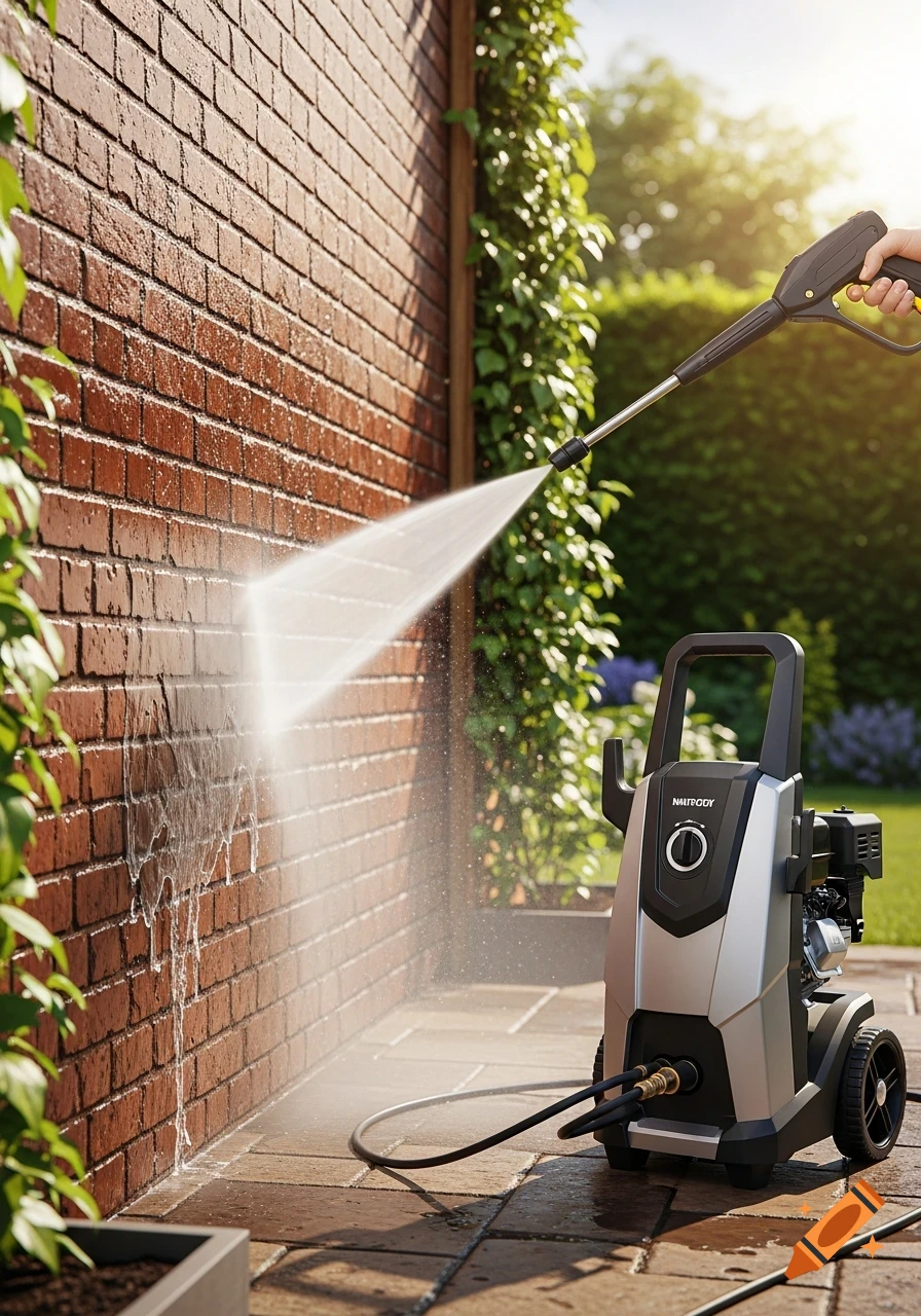 A person power washing a brick wall with a silver and black power washer on a patio.