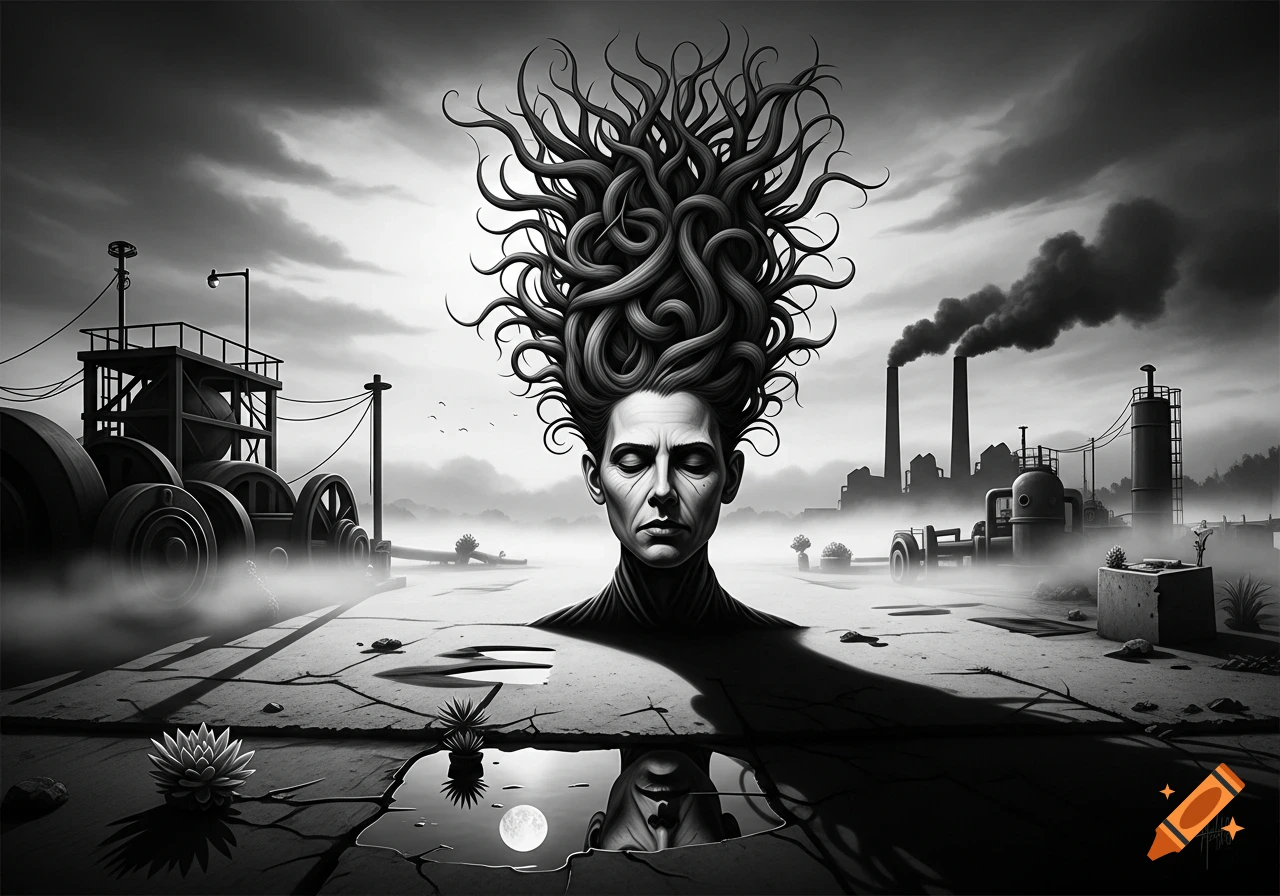 A monochrome, surreal landscape with a disembodied human head, featuring tangled, knot-like hair, rising from cracked ground. An industrial background with smoking chimneys, heavy machinery, and a full moon reflected in a puddle.