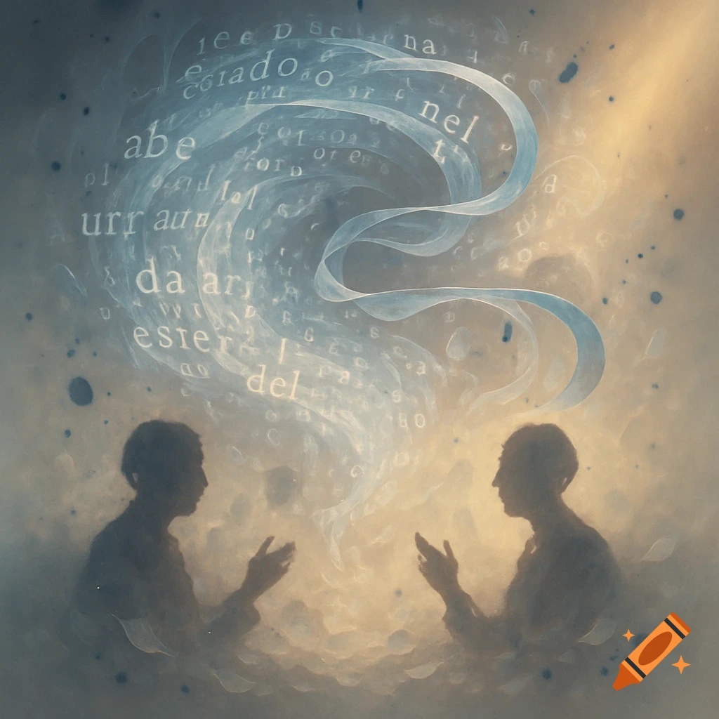 Two silhouetted figures face each other, with glowing abstract forms and fragmented words swirling between them in a dreamy, ethereal style.