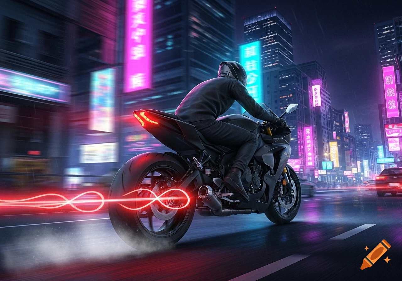 A person on a black motorcycle speeds through a futuristic city at night, leaving a red light trail amidst neon-lit buildings.