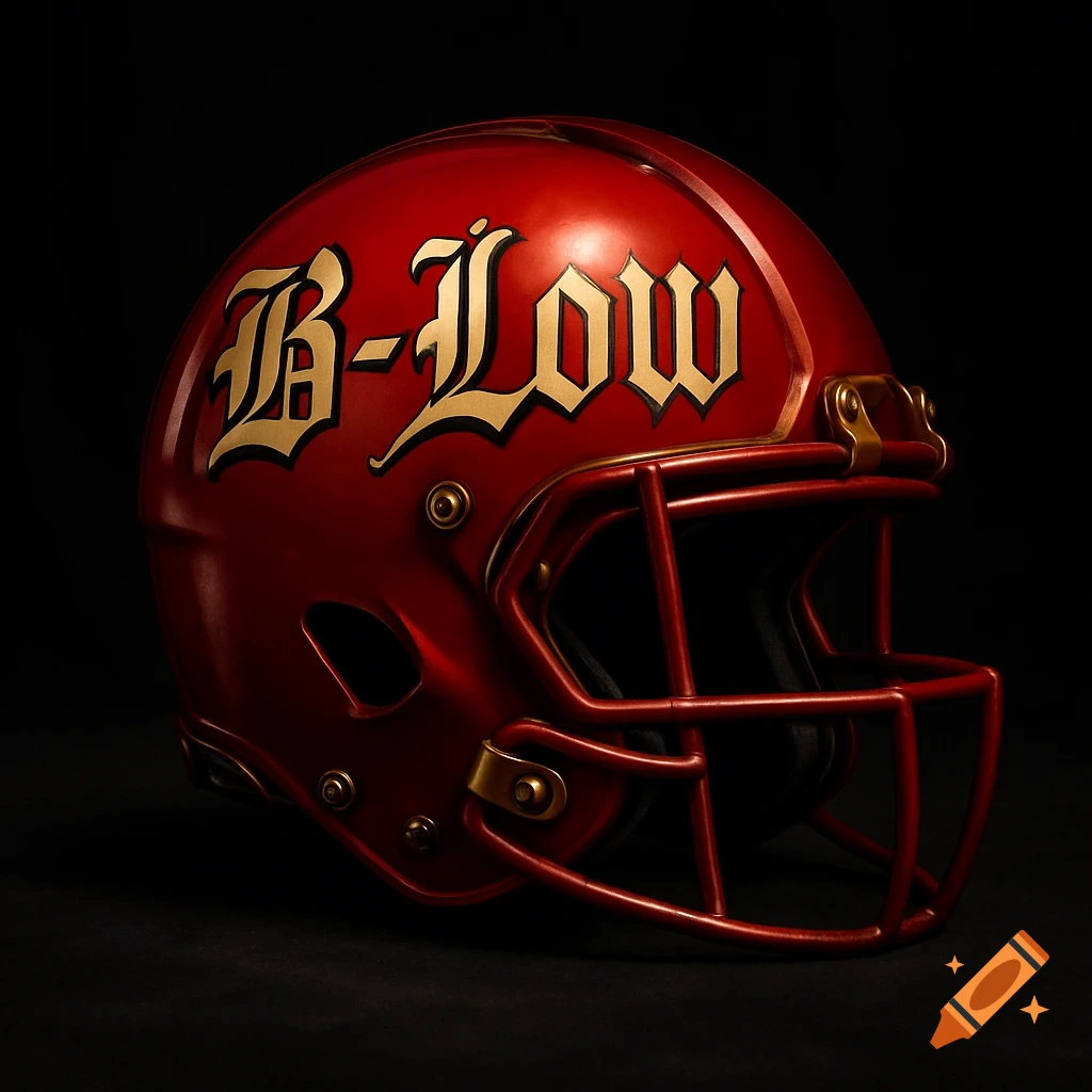 A red football helmet with the name "B-Low" in gold old English script on its side, against a dark background.