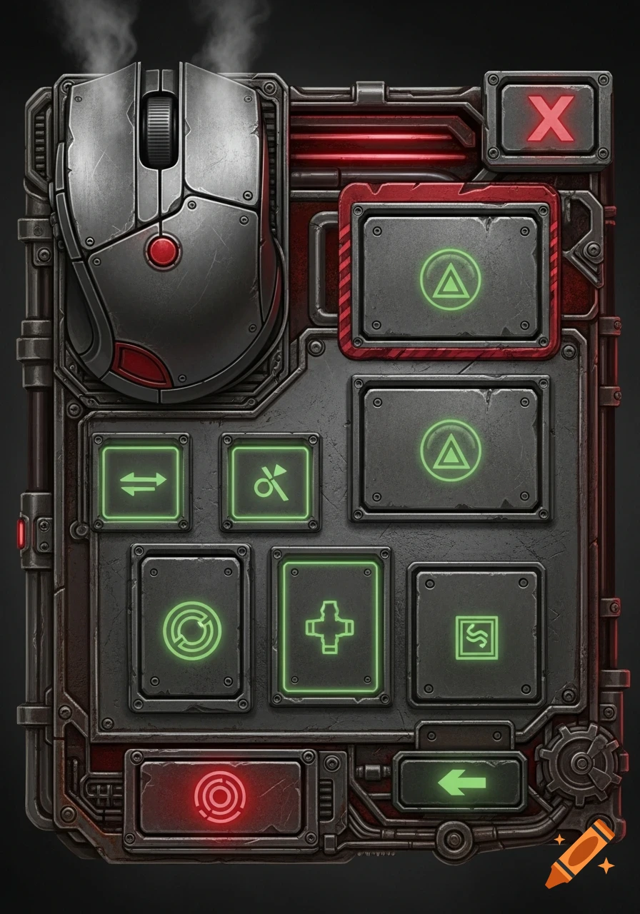 An industrial-style gaming mouse integrated into a dark, metallic UI panel with glowing green and red buttons and symbols.