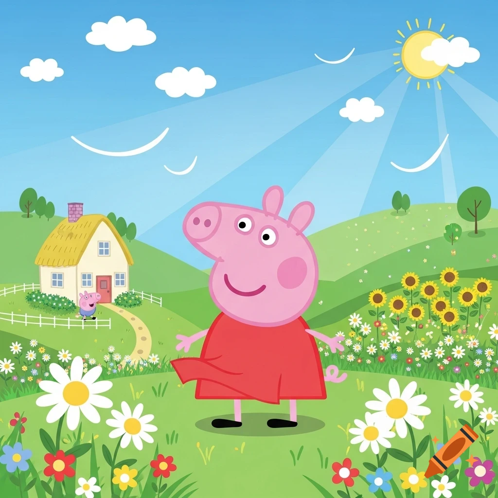 Cartoon illustration of Peppa Pig in a red dress standing in a sunny field with flowers, sunflowers, and a house.