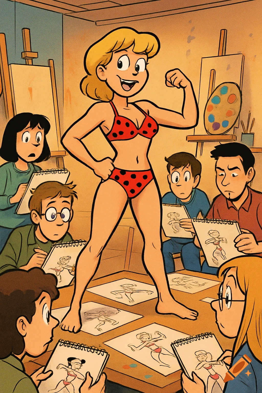 A cartoon woman in a red polka-dot bikini poses, flexing her bicep, for a group of college art students drawing her in a studio.