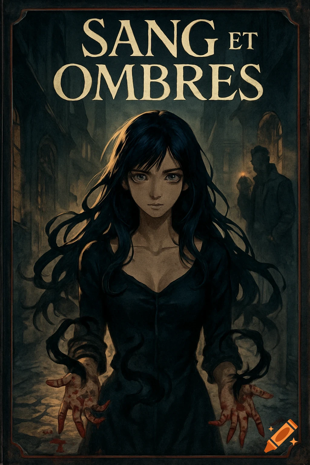 Anime dark fantasy book cover featuring a woman with long black hair, bloodied hands, standing in a dark alley with a silhouetted man.