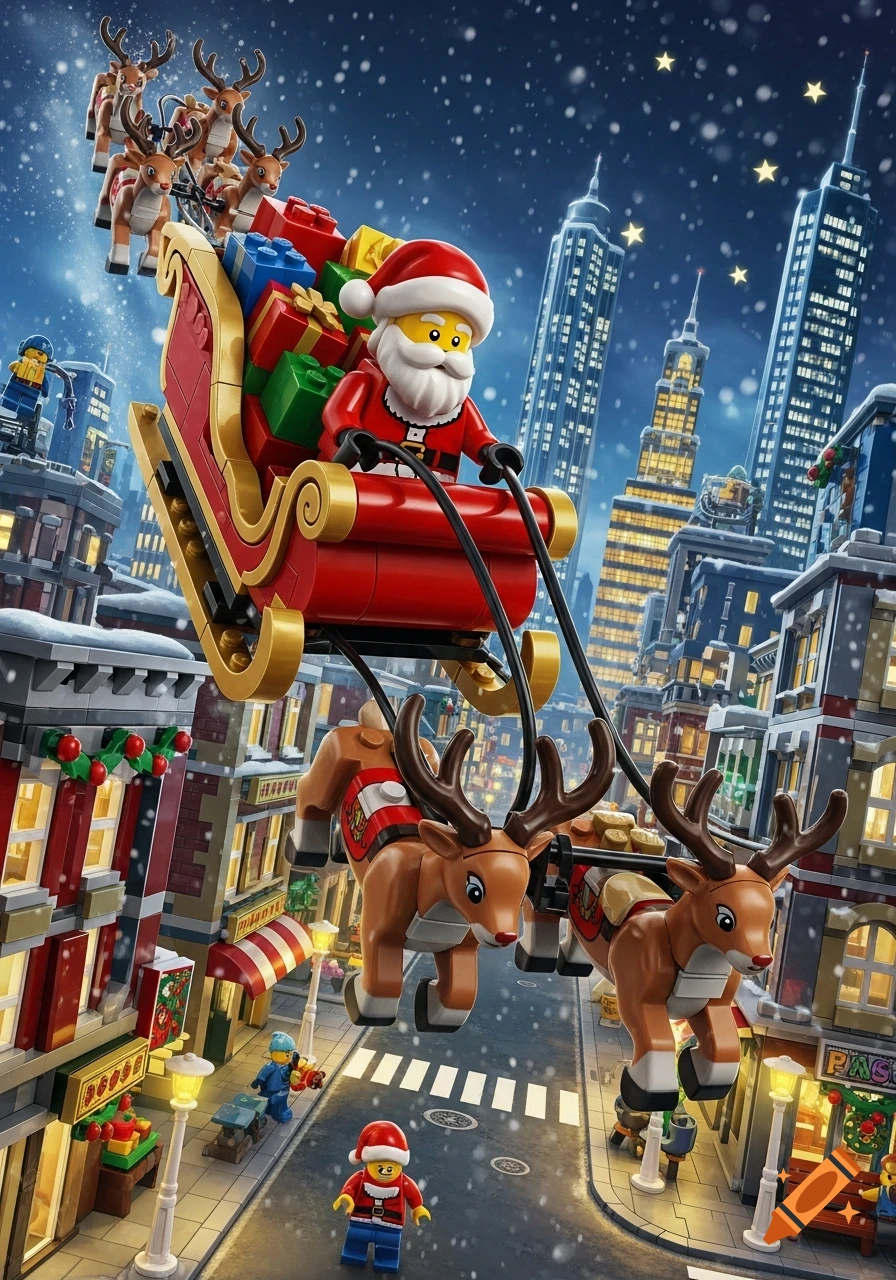 LEGO Santa Claus flies his reindeer-pulled sleigh, filled with gifts, over a snowy LEGO city at night with tall buildings and street lights.