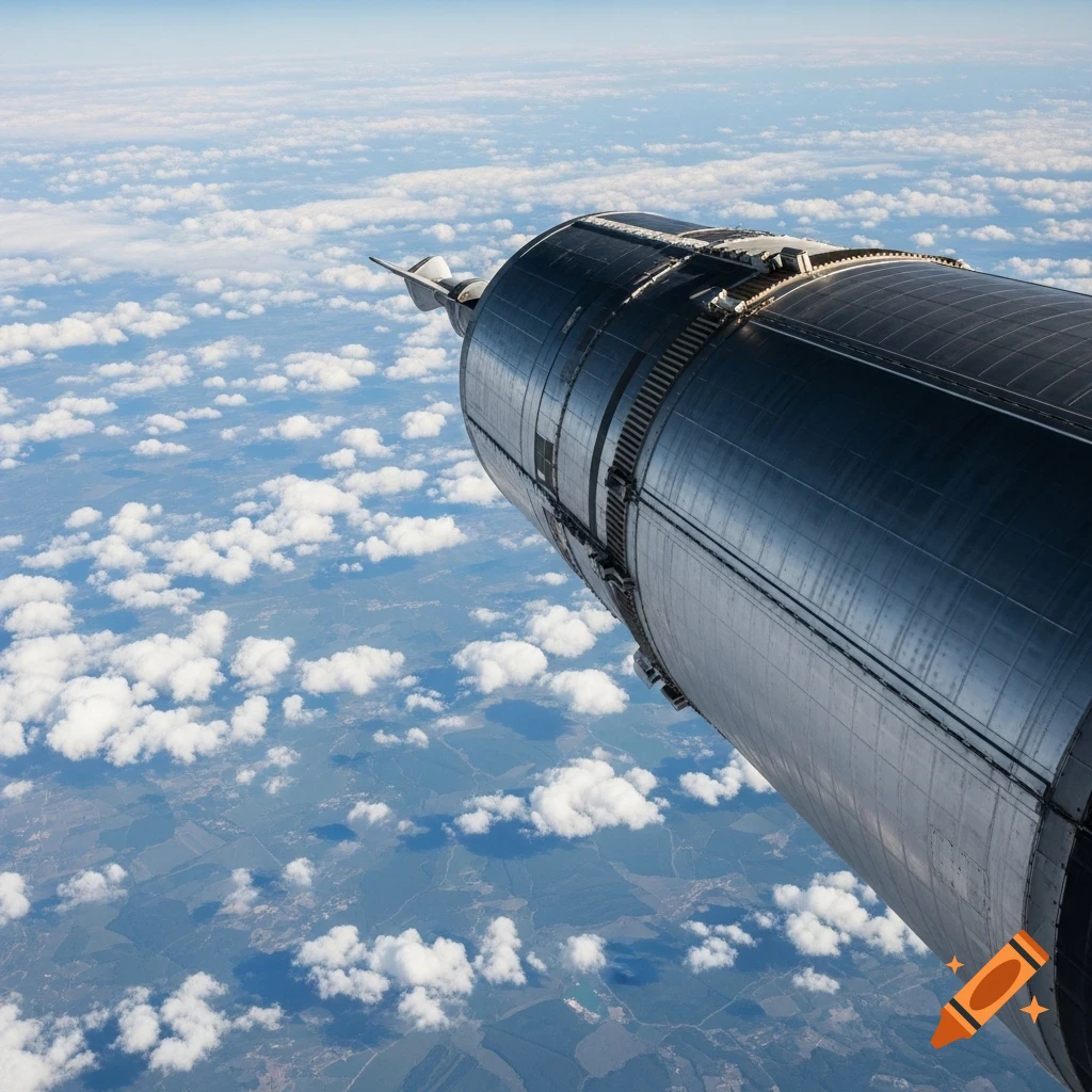 A close-up, aerial view of the silver fuselage of a rocket against a blue sky with scattered clouds over a green and blue landscape, from above the Earth.