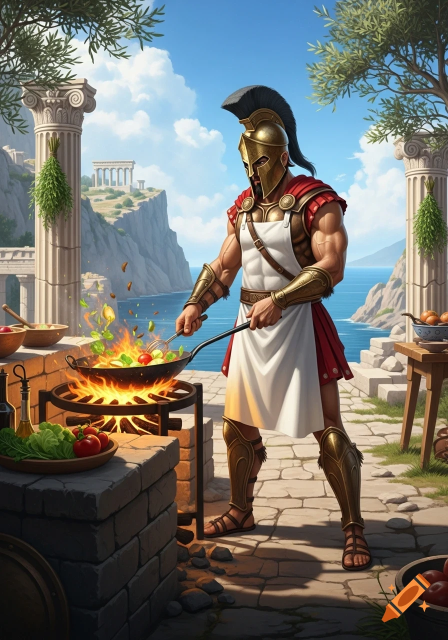 A muscled Spartan chef in armor and apron cooks vegetables in a wok over an open fire, with ancient Greek ruins and the sea in the background.