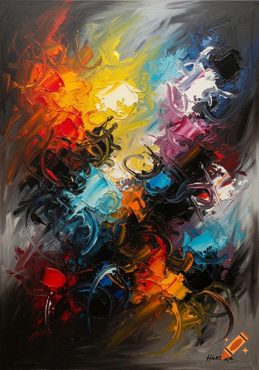 Vibrant abstract expressionist painting with thick, impasto ...