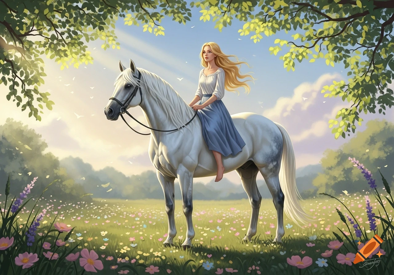 An illustration of a blonde girl in a blue skirt riding a white horse bareback through a sunlit, flowery meadow.