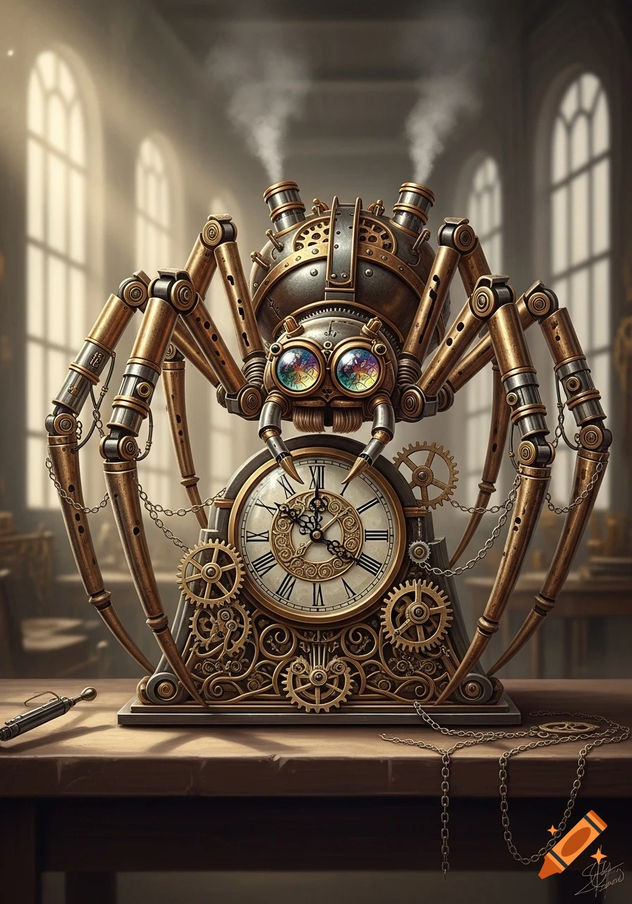 A detailed steampunk spider-like automaton with a clock for its body, gears, and chains, sitting on a wooden table in a sunlit room.