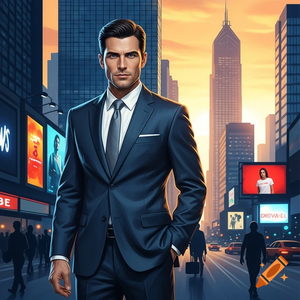 A photorealistic depiction of a business man in a dark suit and tie, standing confidently in a bustling city street at sunset.