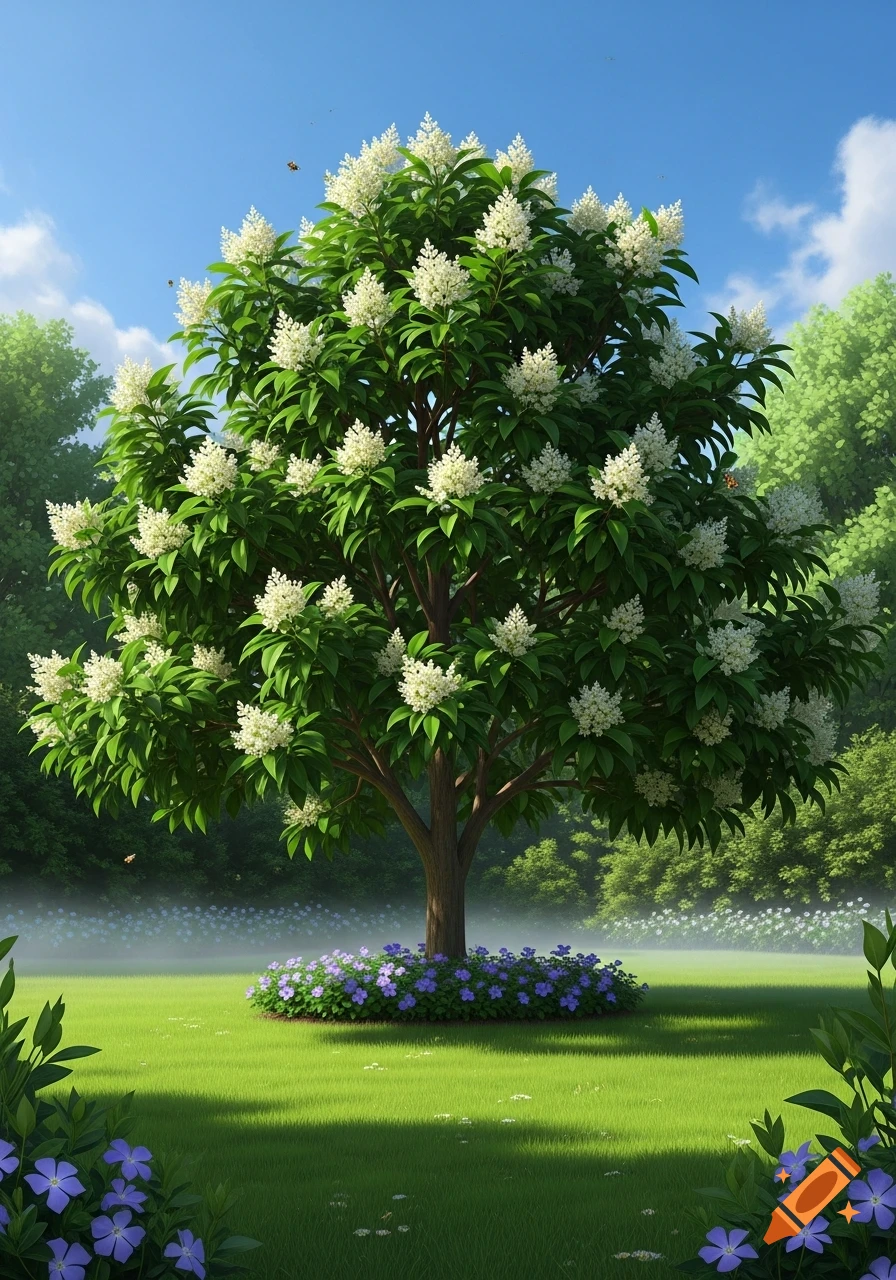 A vibrant illustration of a tree covered in white flowers, standing in a green grassy field with purple flowers at its base under a blue sky.