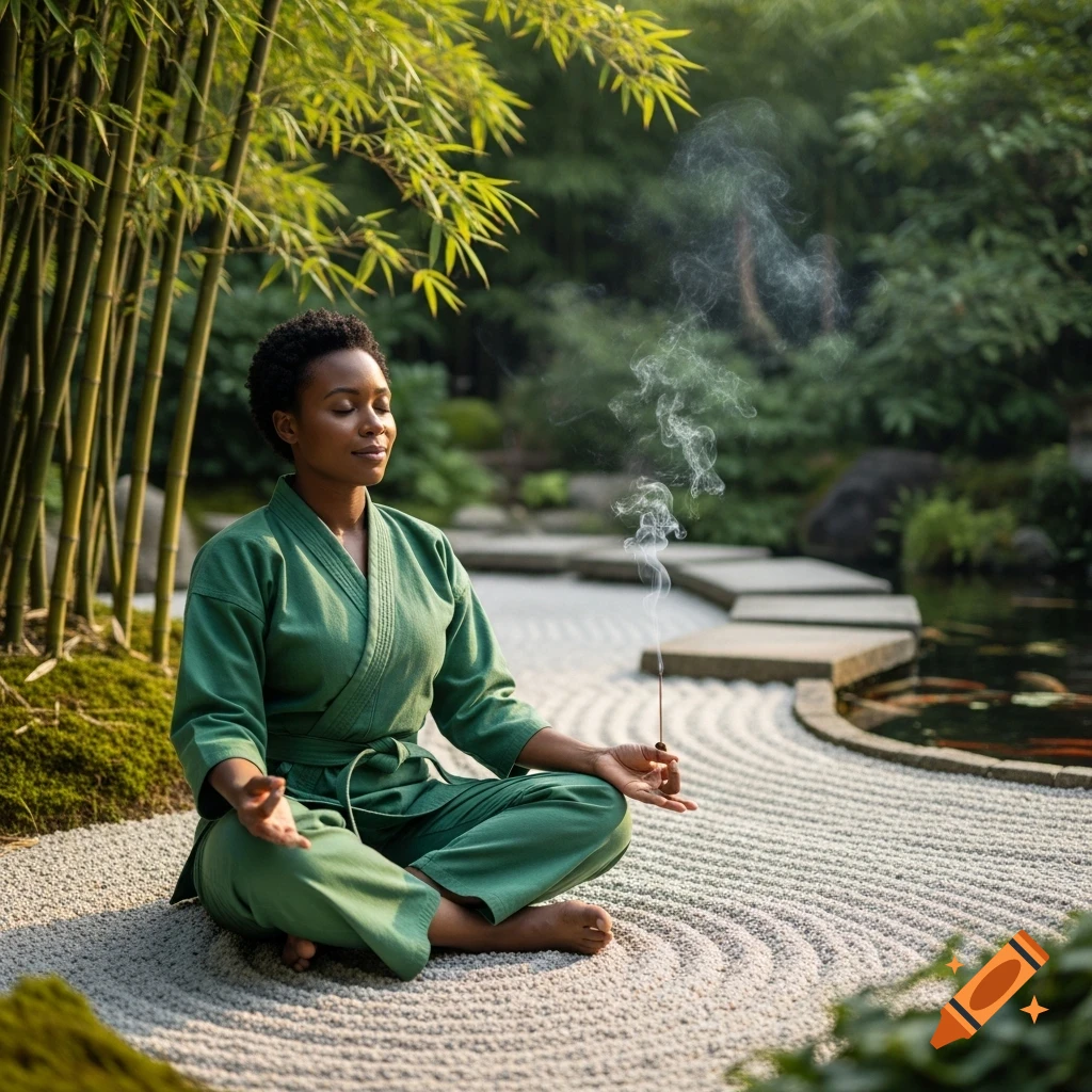 A black woman in a green gi meditates with an incense stick in a serene zen garden with raked sand and bamboo.