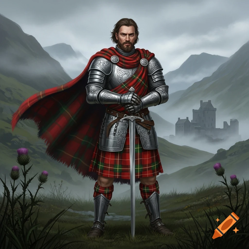 A proud Scottish knight in detailed armor and a red tartan kilt stands with his sword in a misty highland landscape, a castle looms in the distance.