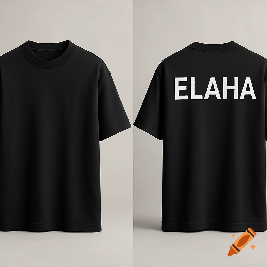 A realistic mockup of a black oversized streetwear t-shirt. The front is plain, and the back features the word 'ELAHA' in white text.