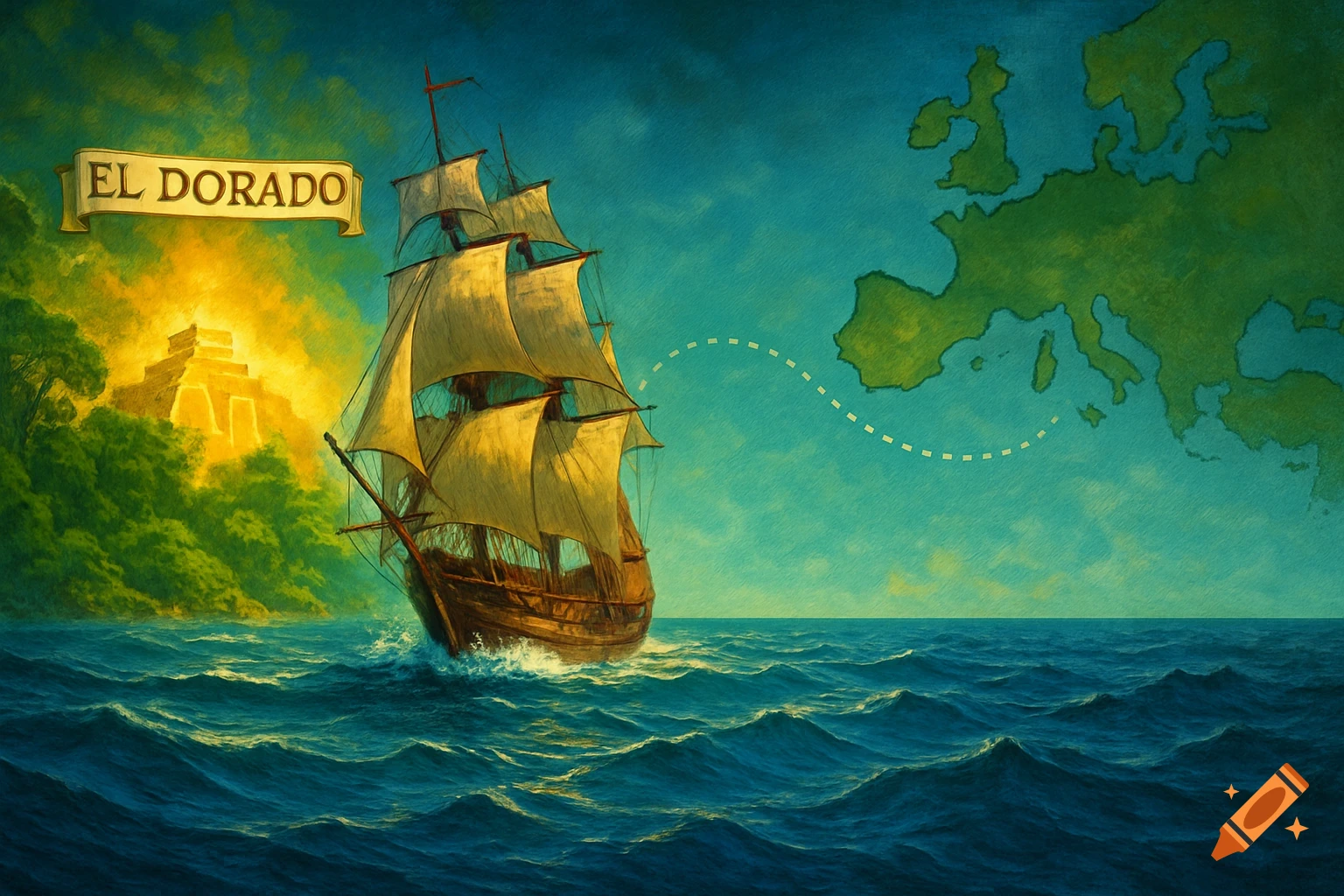 A stylized painting of a sailing ship on a stormy sea, with a glowing jungle pyramid labeled "EL DORADO" on the left and a map of Europe with a dotted path on the right.