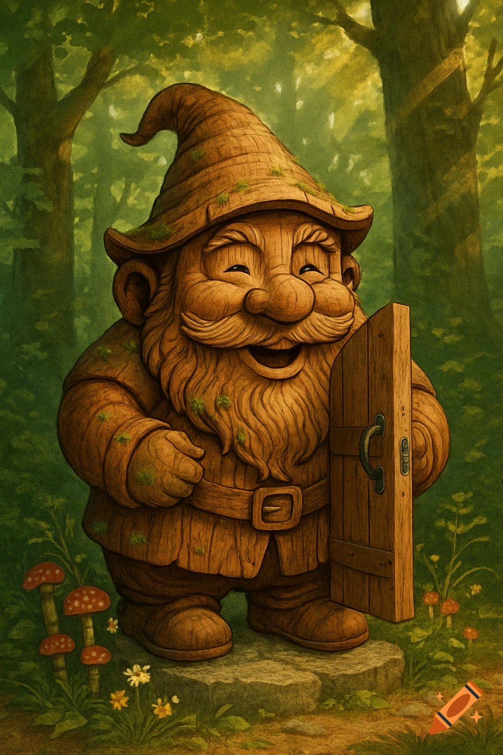 A cheerful, stout gnome carved from wood, with a long beard and pointed hat, holds open a small wooden door in a sun-dappled forest.