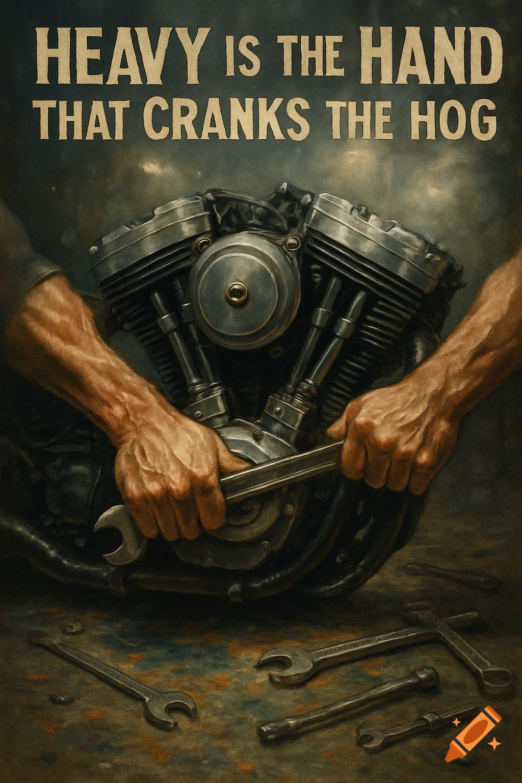 A painterly image of muscular hands gripping a wrench on a V-twin motorcycle engine. Various tools lie on the ground. Text reads, 'HEAVY IS THE HAND THAT CRANKS THE HOG'.