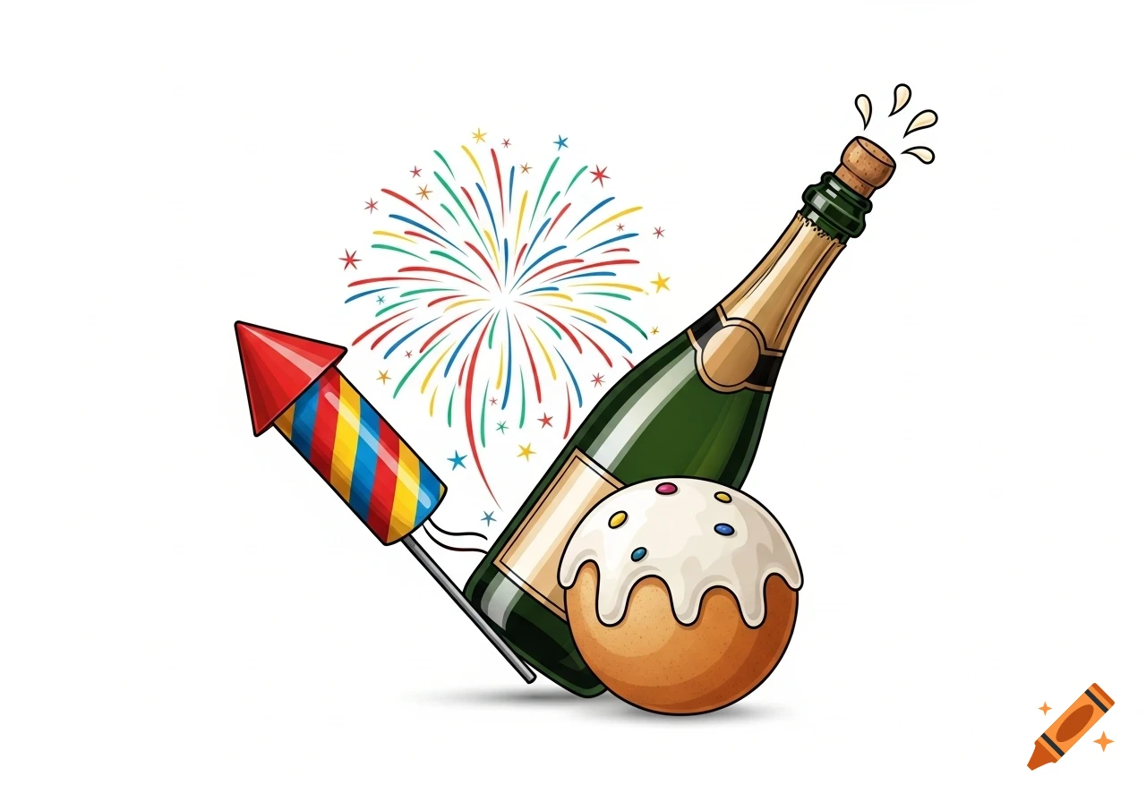 Vector illustration of a firecracker, an uncorked champagne bottle, an oliebol, and fireworks, symbolizing a celebration.