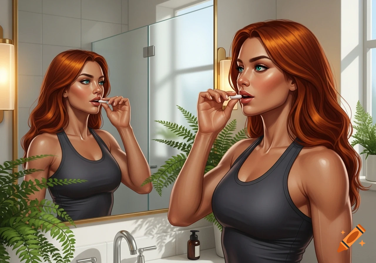 Photorealistic illustration of a muscular, red-haired woman with teal eyes taking medicine in a modern bathroom, looking in a mirror.