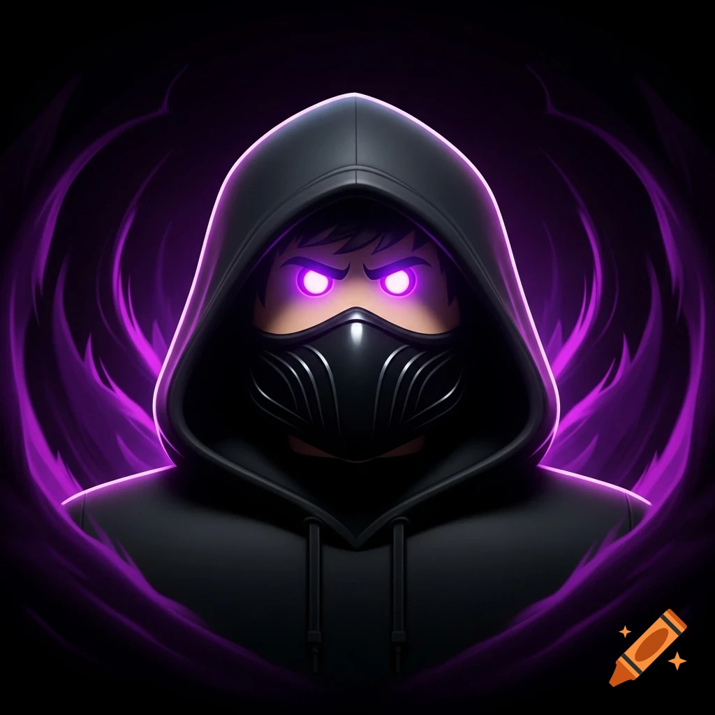 A Roblox-style avatar in a black hoodie and mask with glowing purple eyes, set against a dark purple and black background.