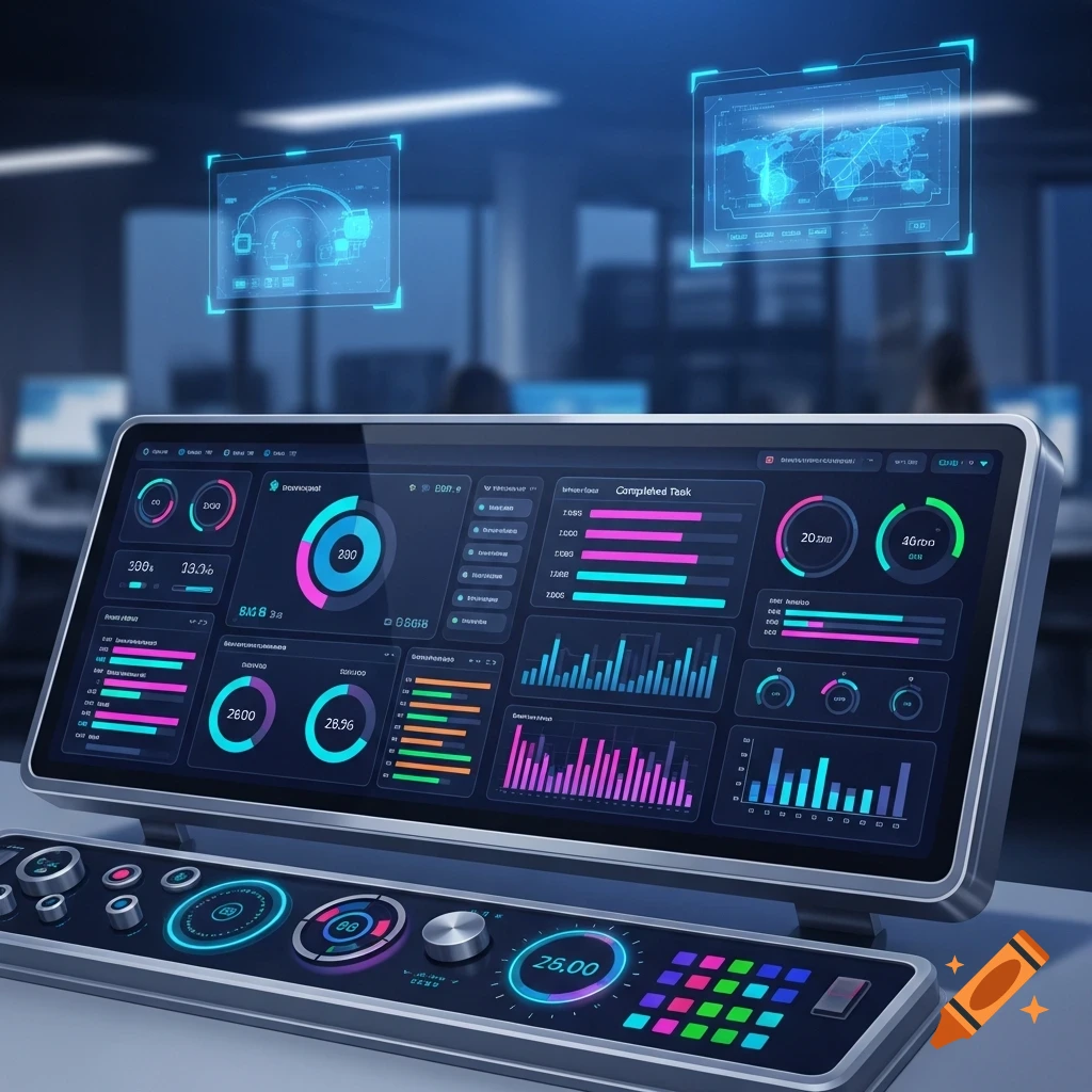A futuristic control panel with multiple screens displaying blue, pink, and green data visualizations, including charts, graphs, and a world map on a holographic display.