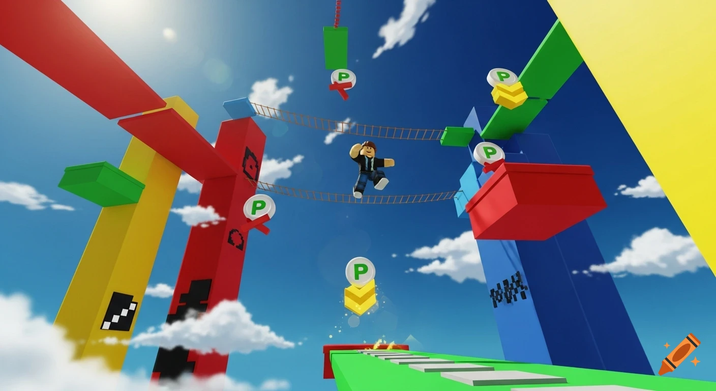 A Roblox character jumps across rope bridges and colorful platforms in a vibrant obby course under a blue sky.