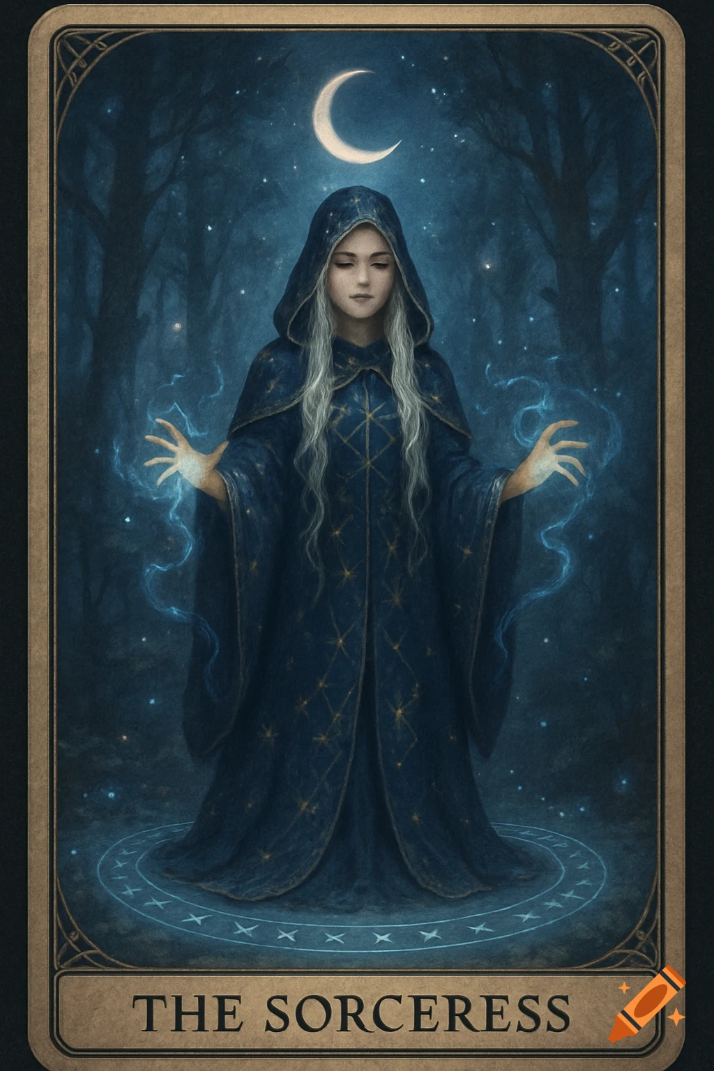 Tarot card of a sorceress in a dark blue hooded cloak with white hair, casting spells under a crescent moon in a magical forest.
