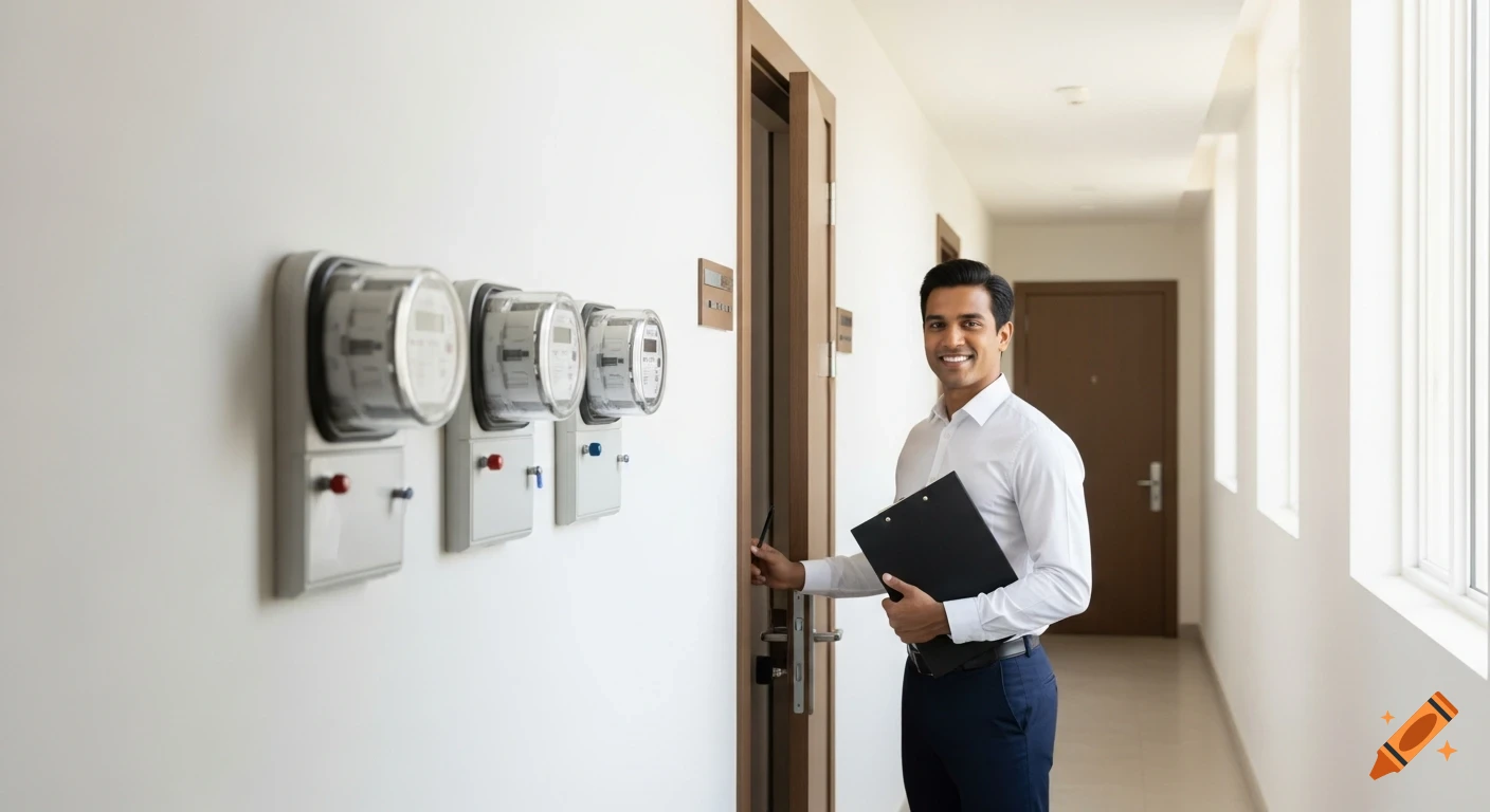 A friendly Indian building manager in a white shirt, holding a clipboard, opens an apartment door in a bright hallway with utility meters.