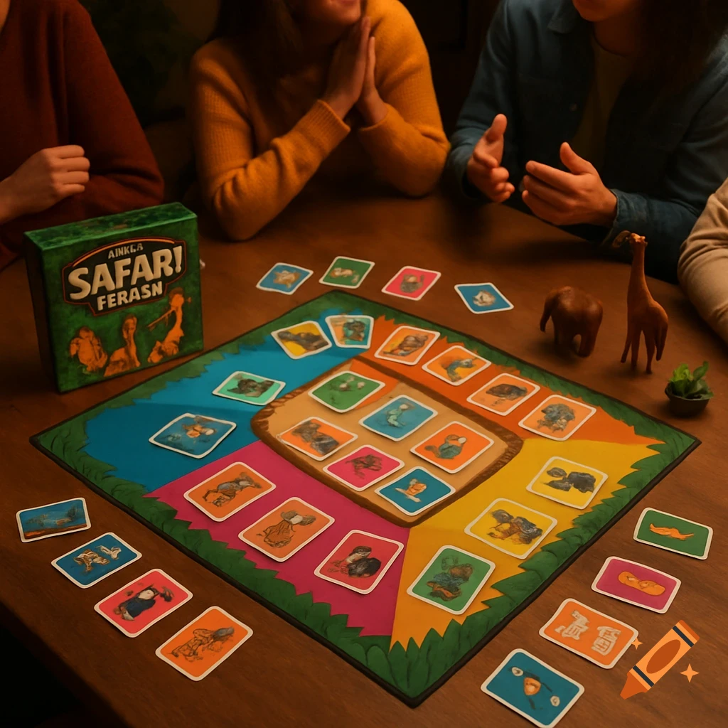 Four people gathered around a wooden table, playing a colorful board game with animal-themed cards, an elephant, and a giraffe figurine.
