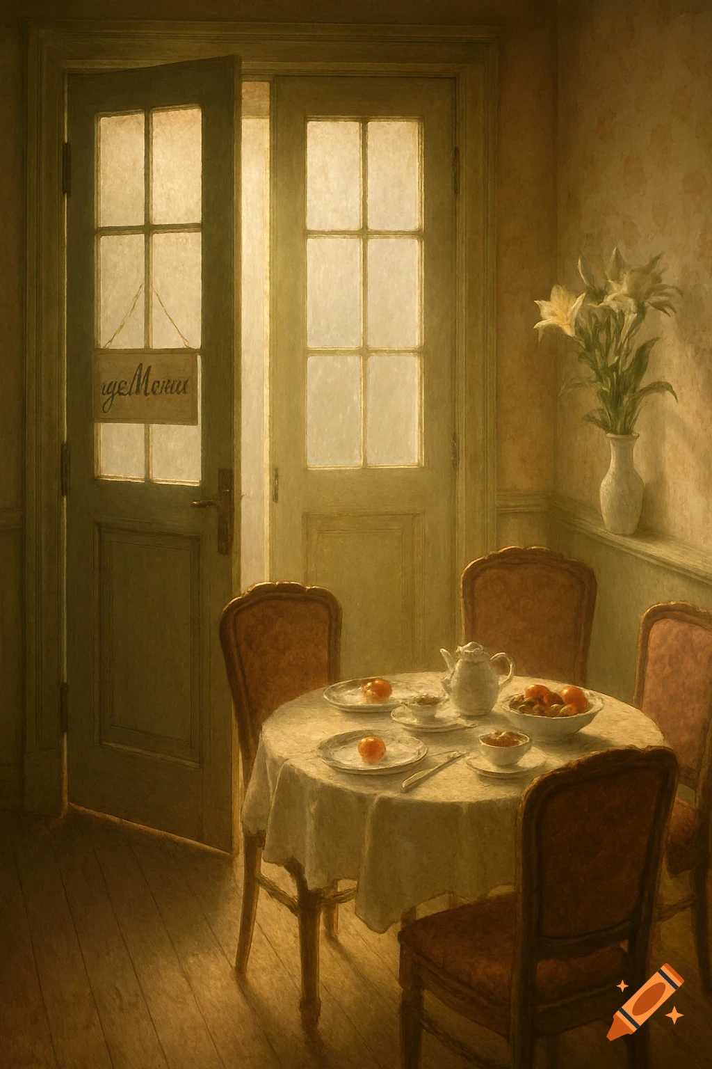 A painterly image of a breakfast room with a set table, chairs, a vase of white lilies, and sunlight streaming through open doors.