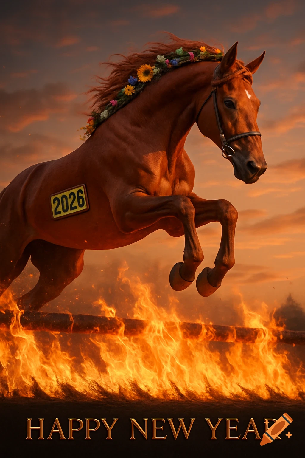 Photorealistic brown horse with flowers in its mane, marked '2026', jumping fiery barrier at sunset, with 'HAPPY NEW YEAR'.