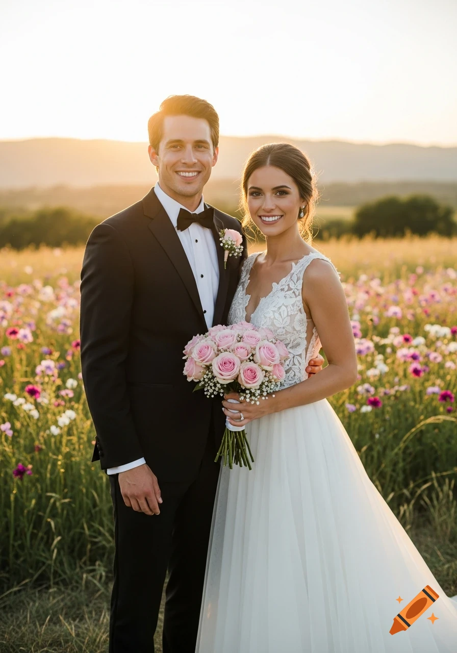 A smiling bride and groom pose in a sunlit field of pink and purple wildflowers.