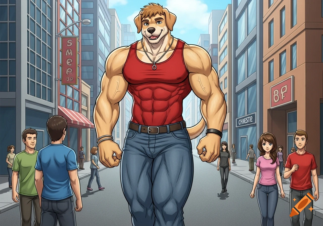A giant, muscular, cel-shaded anthropomorphic beige labrador in a red tank top and jeans walks confidently down a city street, towering over people.