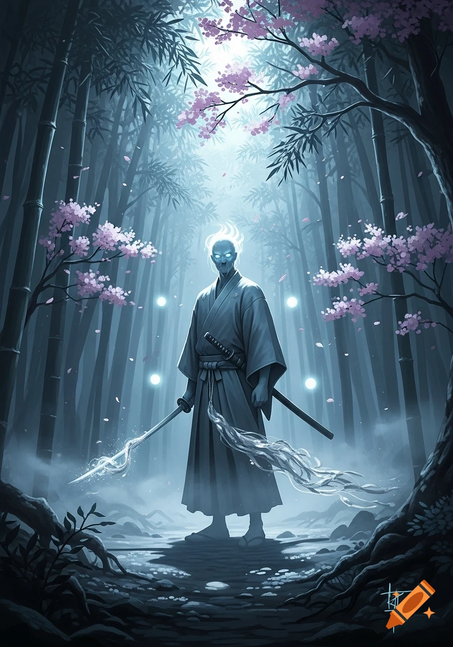A ghostly swordsman with glowing eyes stands in a dark bamboo forest under cherry blossoms, holding a katana with energy.