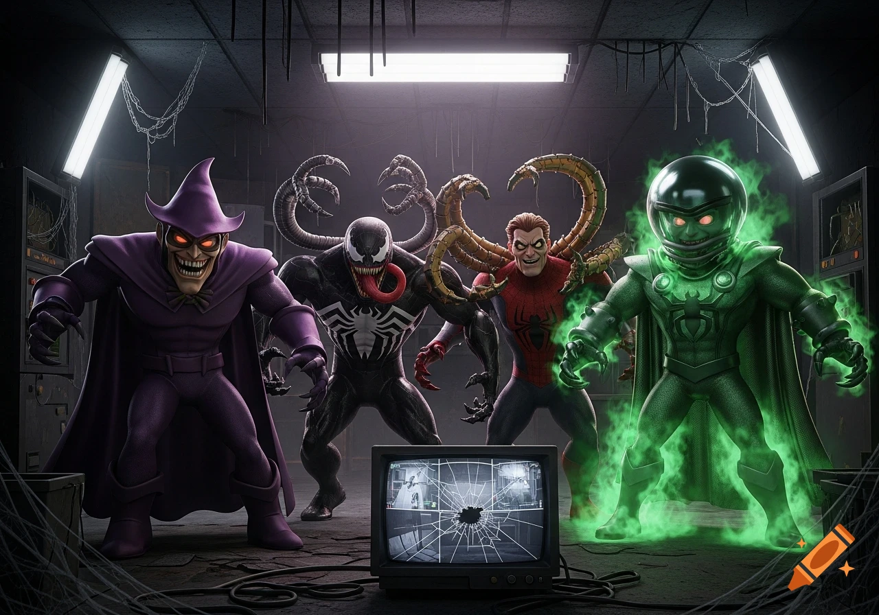 Spider-Man villains Venom, Doctor Octopus-Spider-Man, and Mysterio-like figures pose menacingly in a dark room with a broken TV, in a comic art style.