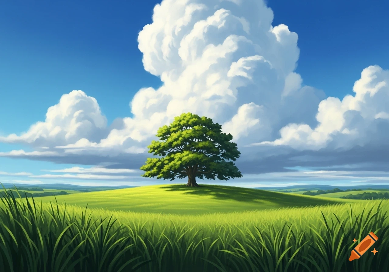 A vibrant anime-style landscape with a solitary green tree on a small grassy hill under a bright blue sky with large white cumulus clouds.