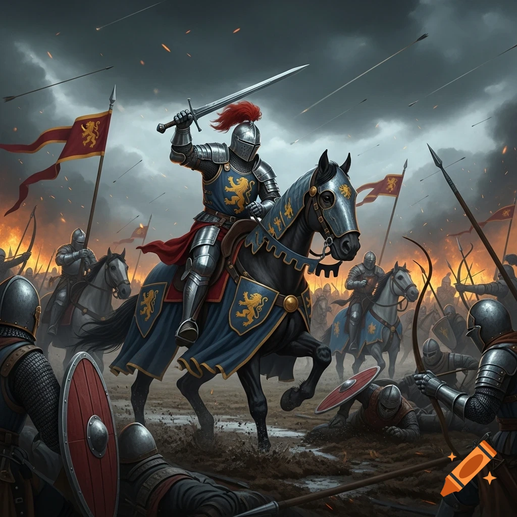 A knight on horseback raises his sword amidst a chaotic medieval battle scene with other soldiers, flying arrows, and fiery explosions.