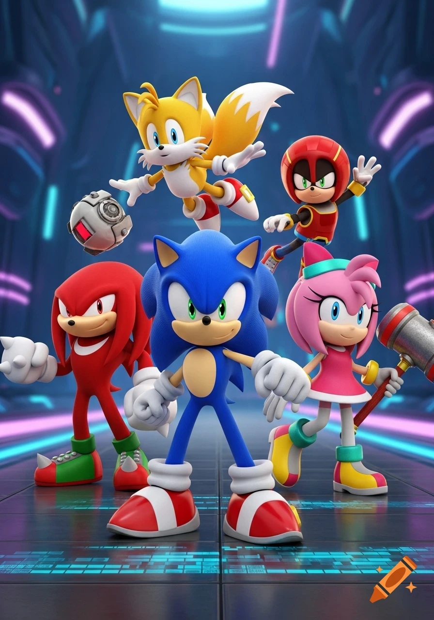 Sonic, Tails, Knuckles, Amy, and other Sonic characters are dynamically posed in a vibrant 3D render against a futuristic neon background.
