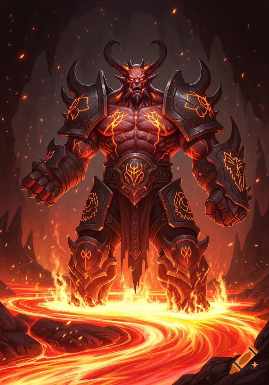 A powerful, armored red demon with horns stands in flowing lava ...