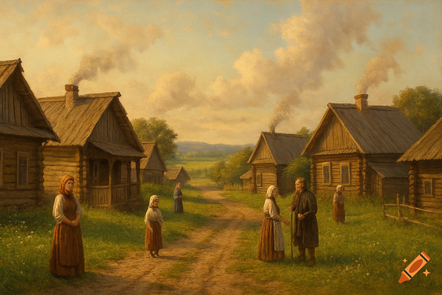 A painted scene of a traditional village with wooden houses, a dirt path, and people in period clothing under a cloudy sky.