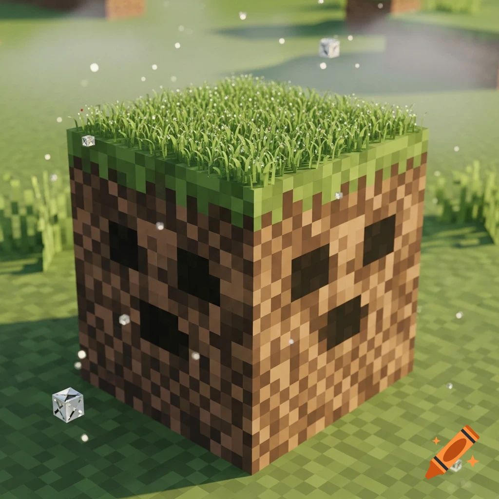 A detailed Minecraft grass block with green grass and dirt texture, floating with sparkling particles against a blurry blocky green background.