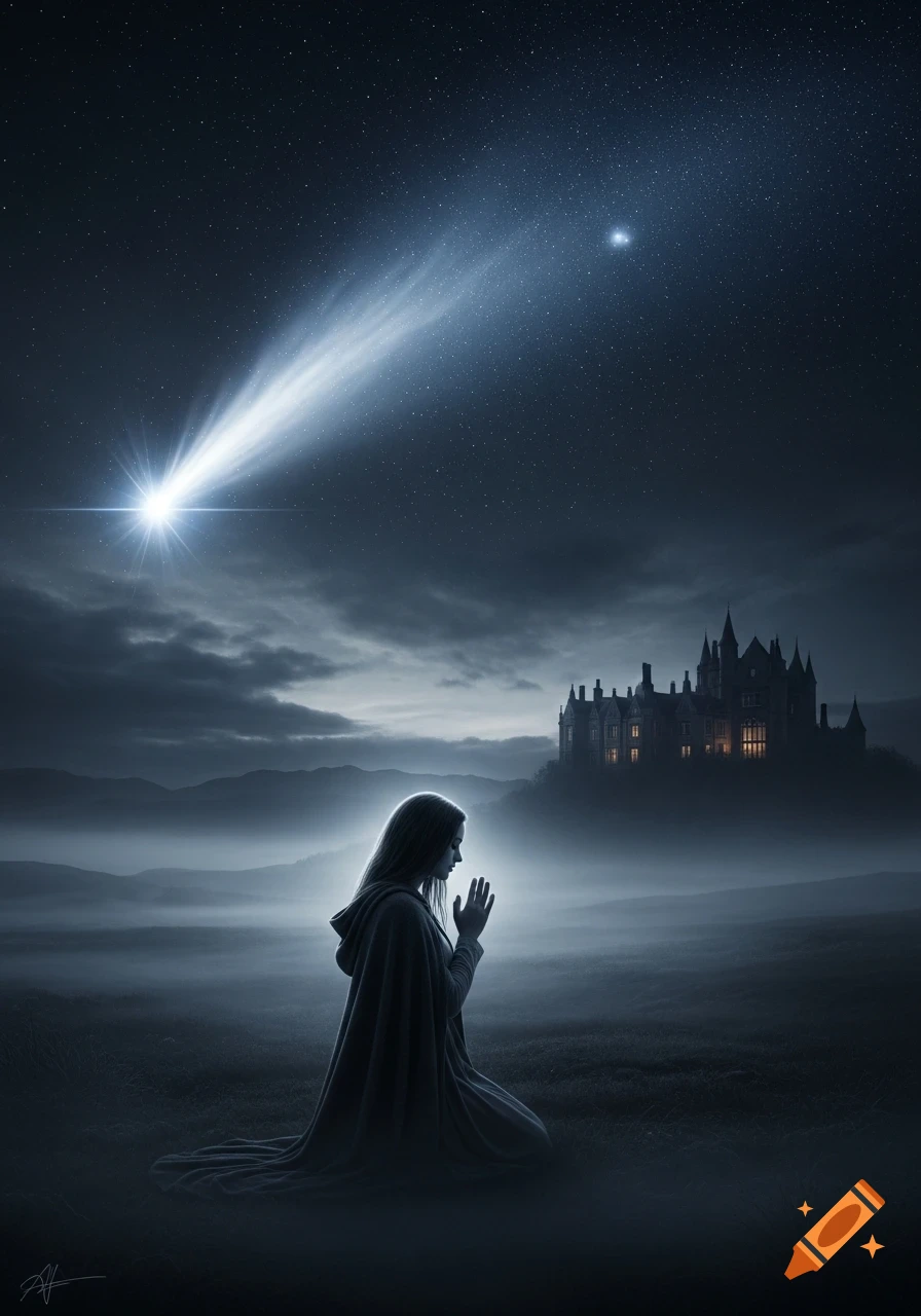 A woman kneels praying on a dark, foggy moor under a starry sky with a bright comet; an old mansion looms in the distance.